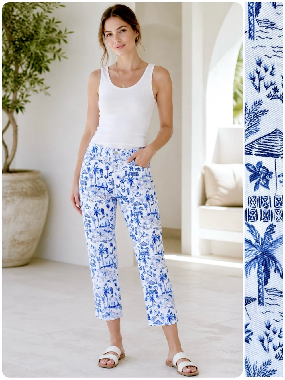 Tommy Bahama Cropped Denim Jeans Resort Beach Print Stretch 5 Pockets Style